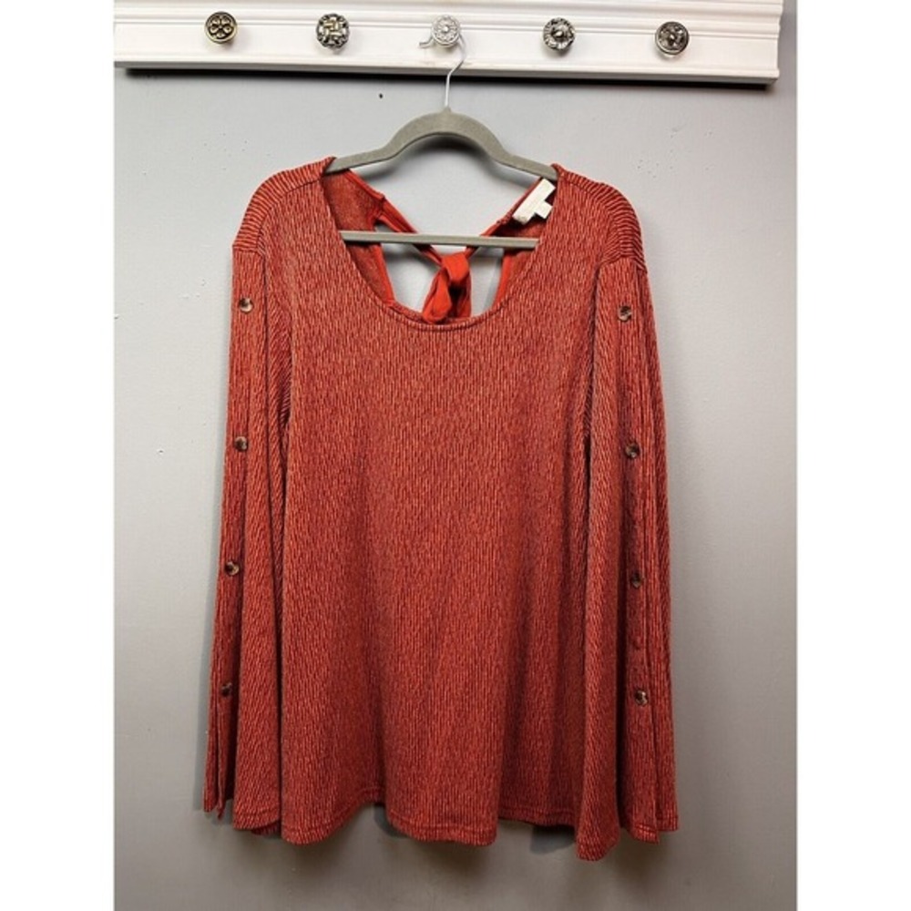 Weekend by Suzanne Betro Top Womens XL Rust Orange Ribbed Tie Back Bell‎ Sleeve
